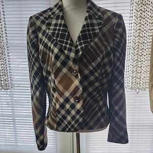 Anne Klein Plaid Blazer - Black, Brown, and Cream